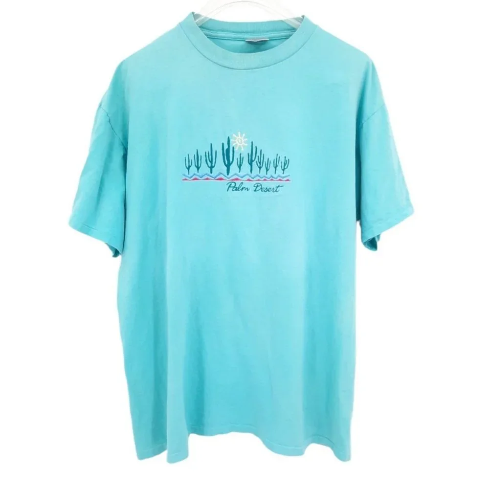 VTG 90s Oneita Power-T Blue Green Embroidered Cactus Palm Desert Tee Size L